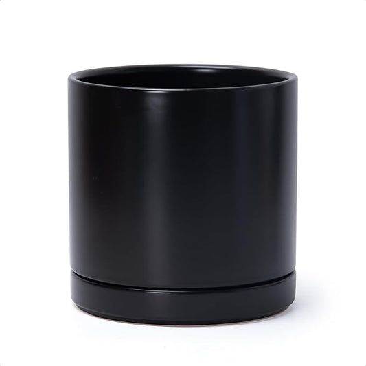 D'vine Dev 8.2 Inch Ceramic Planter Pot with Drainage Hole and Saucer, Indoor Cylinder Round Planter Pot, Black, 94-O-D-2