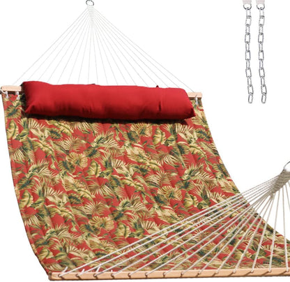 Lazy Daze Quilted Fabric Hammock with Spreader Bar, 2-Person Double Hammock for Outside Patio Poolside Backyard Beach, 450 lbs Capacity, Red Leaf