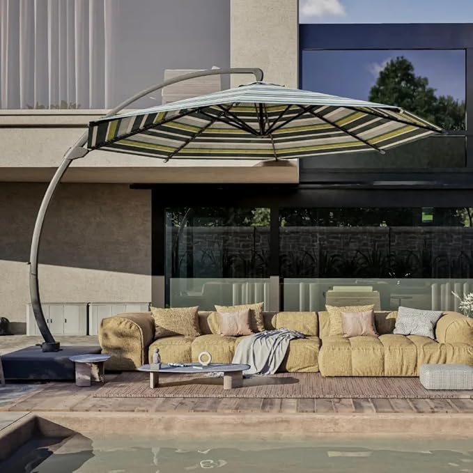 Acrylic Fabric 11FT Cantilever Umbrella with Base Large Curvy Outdoor Aluminum Offset Umbrella w/ 360° Rotation, UV Resistant Canopy for Patio, Garden, Backyard, Green Stripes