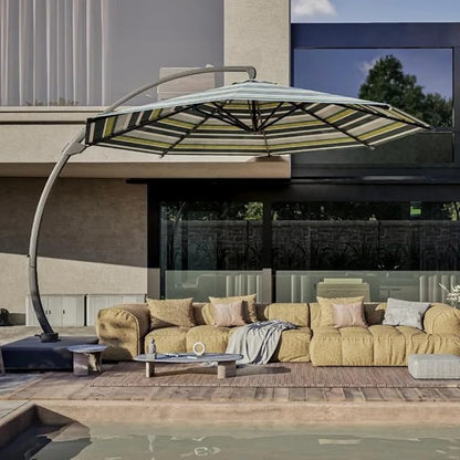 Acrylic Fabric 11FT Cantilever Umbrella with Base Large Curvy Outdoor Aluminum Offset Umbrella w/ 360° Rotation, UV Resistant Canopy for Patio, Garden, Backyard, Green Stripes