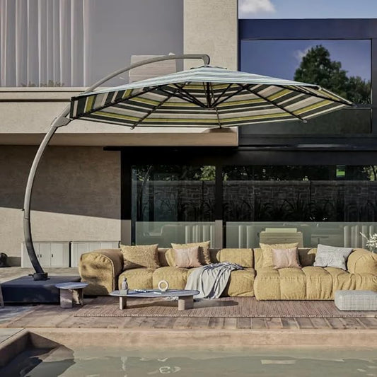 Acrylic Fabric 11FT Cantilever Umbrella with Base Large Curvy Outdoor Aluminum Offset Umbrella w/ 360° Rotation, UV Resistant Canopy for Patio, Garden, Backyard, Green Stripes