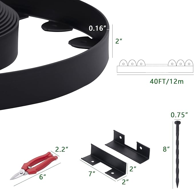 Landscape Edging, 40' 2" Tall Garden Edging with Scissors, Lawn Edging with 36 Garden Spikes and 2 Connectors, Heavy Duty PP&PE Material Edging for Landscaping, Garden, Lawn, Black