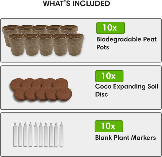 Seedling Starter Kit Germination Grow Cups and Soil (10 Pack) Biodegradable Peat Pots, Coco Coir Soil Discs, Plant Markers - Organic Grow Kit for Seed Germination, Indoor/Outdoor (2)