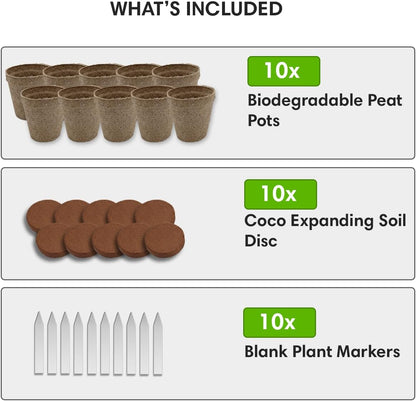Seedling Starter Kit Germination Grow Cups and Soil (10 Pack) Biodegradable Peat Pots, Coco Coir Soil Discs, Plant Markers - Organic Grow Kit for Seed Germination, Indoor/Outdoor (1)