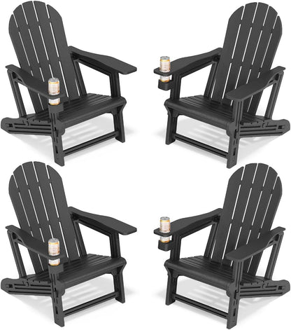 Adirondack Chairs Set of 4, Tool-Free Assembly All-Weather Plastic Adirondack Chairs, HDPE Fire Pit Chairs with Cup Holder, Outdoor Chair for Patio Garden (Black)