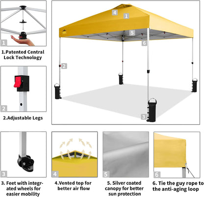 Crown Shades 10x10 Pop Up Canopy - Beach Tent with One Push Setup - Outdoor Sun Shade for Events, Parties, Camping - Gazebo with STO-N-Go Cover Bag, Silver Coated Top, 3 Height& 4 Sand Bags, Yellow