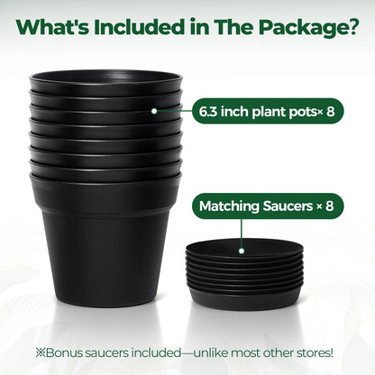 T4U 6 Inch Plant Pot 8-Pack, Plastic Planter with Drainage Hole and Saucer, Decorative Nursery Pots Bulk for African Violet, Snake Plant, Succulent, Herb and Plants Indoor (8 Pcs 6" Pots, Black)