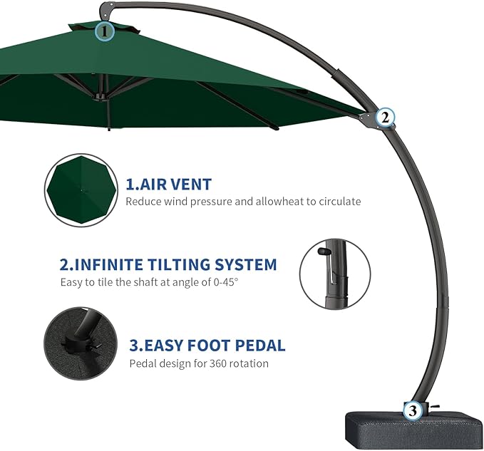 Outdoor Patio Umbrella with Sand Bag Included, 11 FT Deluxe Curvy Cantilever Umbrella Offset Hanging Umbrella with 360° Rotation for Market, Pool, Garden, Backyard, Deck