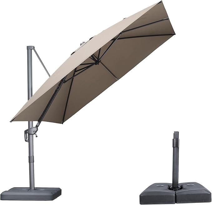 PURPLE LEAF 10 FT Outdoor Umbrella with Base Patio Cantilever Aluminum Umbrella with 3 Years Fade Resistance Recycled Fabric Offset Square with 360-degree Rotation for Deck Pool Garden, Ash Mocha