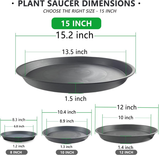 6 Pack 15 Inch Gray Plant Saucer Trays, Heavy Duty Plastic Planter Bases for Big Flower Pots, Durable Water Catcher Plates Indoor Outdoor Use