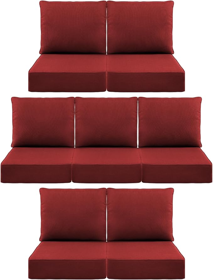 Luxury 6" Outdoor Cushions for Patio Furniture, 24x24x6" Thick Seat Cushion Set of 7, Fade Resistant Couch Chair Replacement Cushions High Density Deep Wicker Chair Cushion w/ Removable Cover, Red