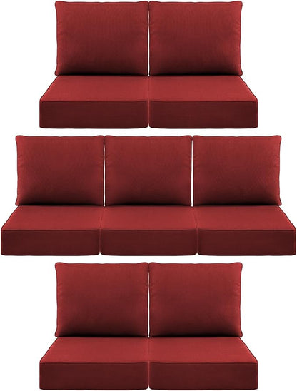 Luxury 6" Outdoor Cushions for Patio Furniture, 24x24x6" Thick Seat Cushion Set of 7, Fade Resistant Couch Chair Replacement Cushions High Density Deep Wicker Chair Cushion w/ Removable Cover, Red