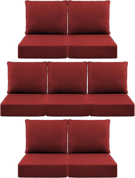 Luxury 6" Outdoor Cushions for Patio Furniture, 24x24x6" Thick Seat Cushion Set of 7, Fade Resistant Couch Chair Replacement Cushions High Density Deep Wicker Chair Cushion w/ Removable Cover, Red