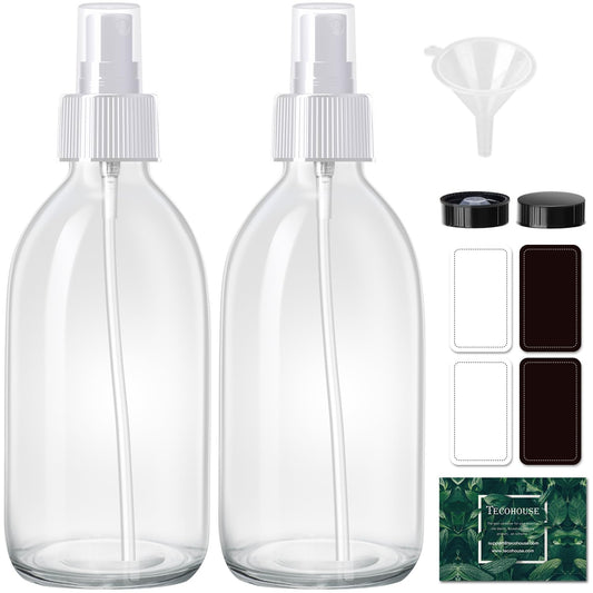 Tecohouse 2 Pack Glass Spray Bottles, 250ml Small Glass Bottles for Cleaning Solutions, Spray Bottles for Essential Oils, Plants, with Durable Nozzle, Labels, Funnel - Clear