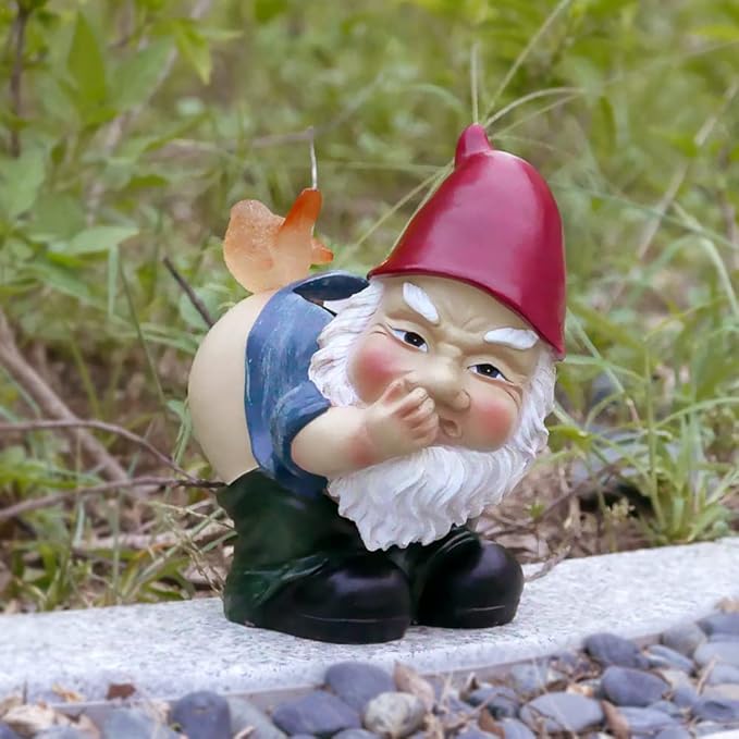 Funny Garden Gnomes Decor Yard Statue Solar Powered Knomes Figurines Light Naughty Sculpture Outside Decoration Lawn Ornament for Dad Grandpa Man