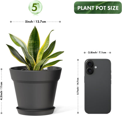 5 Inch Plastic Plant Pots with Drainage Holes and Trays – 6 Pack Small Nursery Pots for Indoor & Outdoor House Plants and Flowers, Seedling Starter Planters, Matte Black