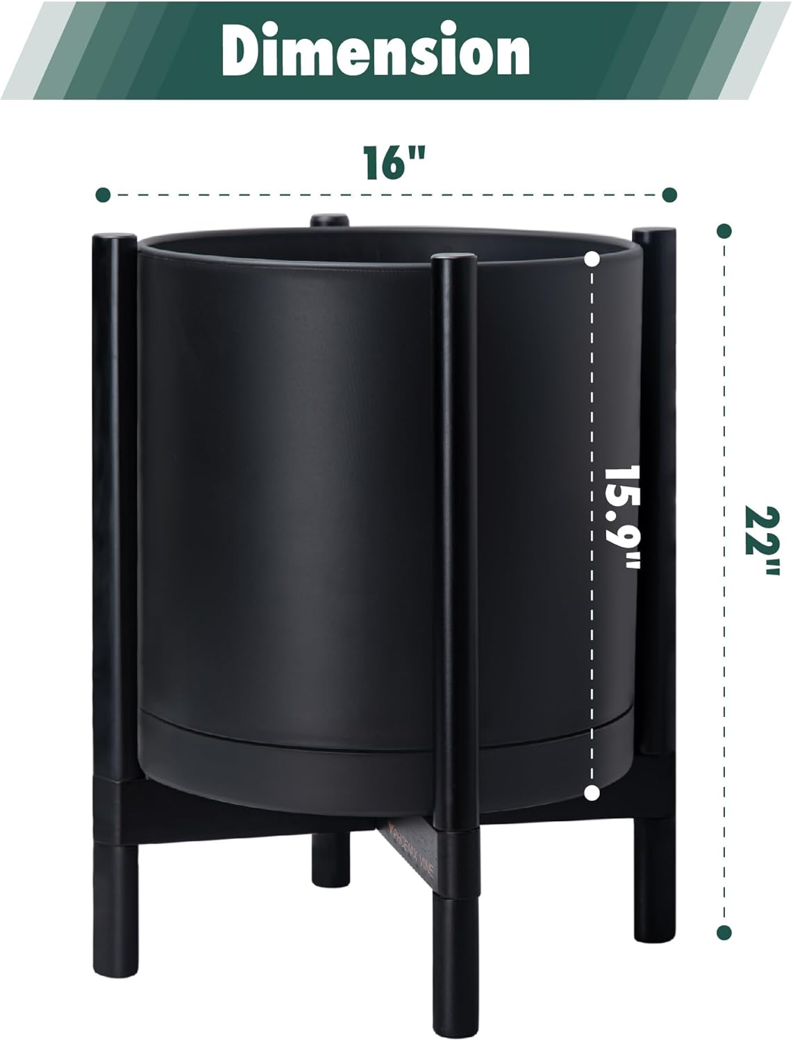 D'vine Dev Planter Pot with Stand - 16 Inch Plastic Cylinder Flower Pot with Wood Planter Holder for Indoor, Matte Black Pot + Ebony Stand, 55-C-Z-2