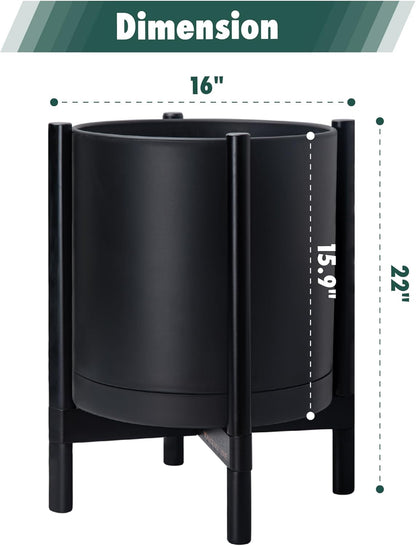 D'vine Dev Planter Pot with Stand - 16 Inch Plastic Cylinder Flower Pot with Wood Planter Holder for Indoor, Matte Black Pot + Ebony Stand, 55-C-Z-2