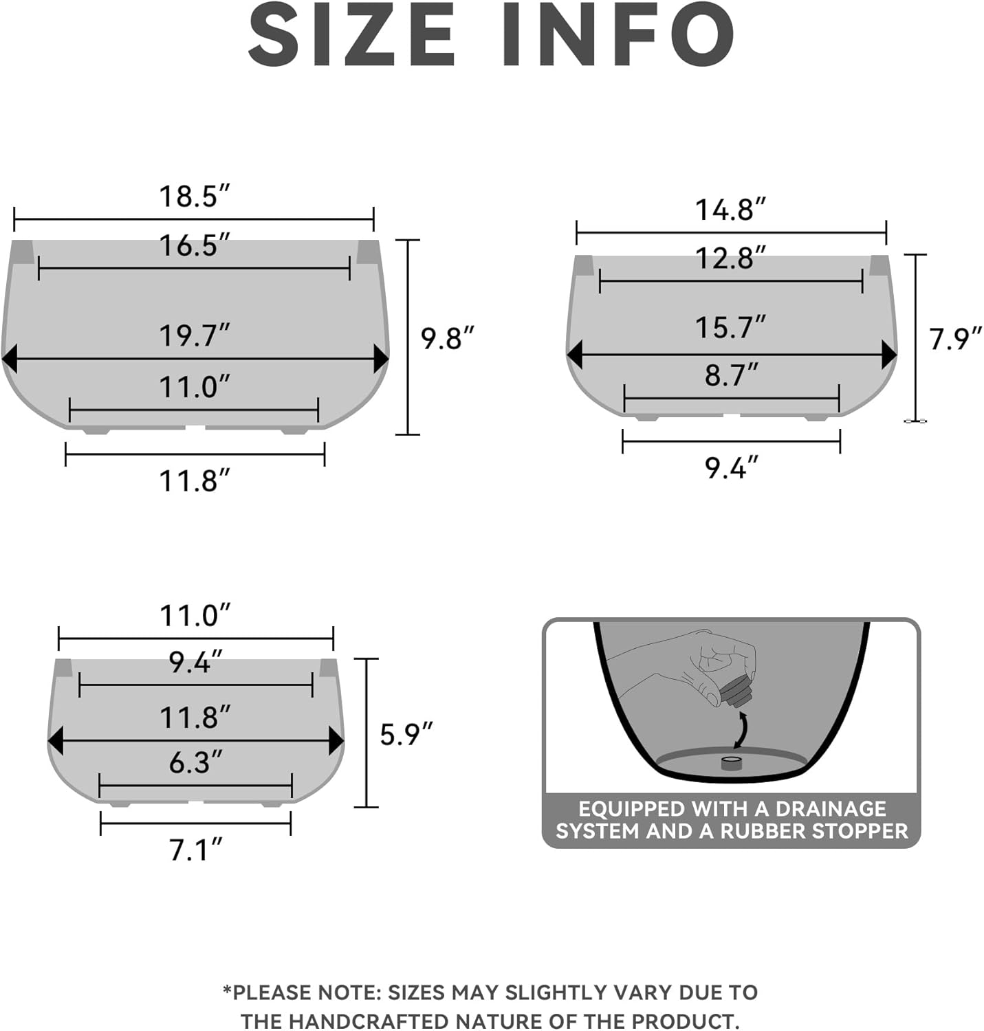 Kante 19.6",15.7",11.8" Dia Round Concrete Planters Set of 3, Outdoor Indoor Garden Plant Pots with Drainage Hole and Rubber Plug, Modern Curvaceous Design, Charcoal