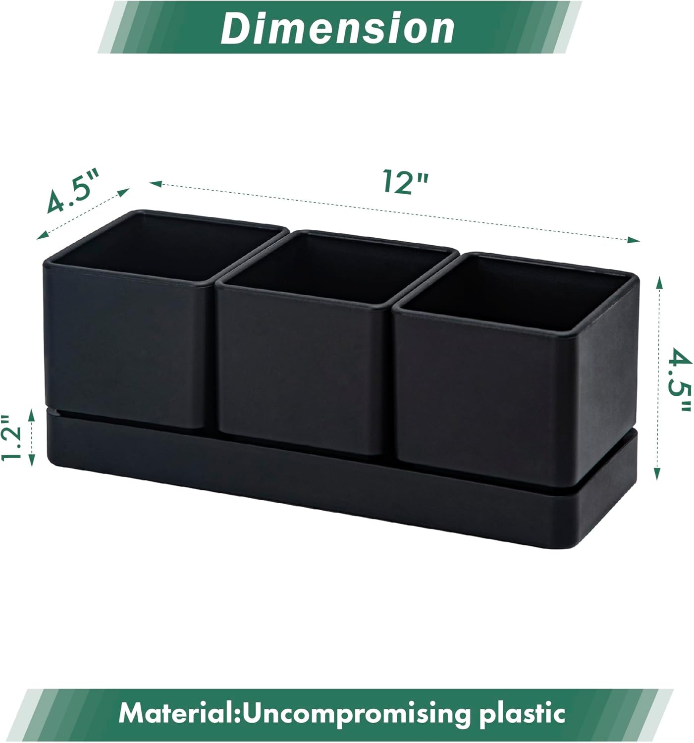 D'vine Dev Herb Garden Planter Set, Plastic Plant Pots with Drainage and Saucer, Indoor Succulent Cactus Vegetable Pot for Windowsill, Garden Balcony, Black, Set of 2, 76-V-B-2