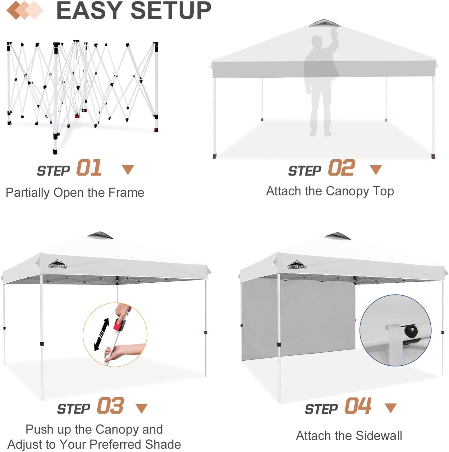 EAGLE PEAK Pop Up Canopy Tent with 1 Sidewall, Easy Setup Event Tent, Outdoor Sun Shade, Wheeled Carry Bag, Stakes and Guy Ropes, Instant Canopy 12x12, White