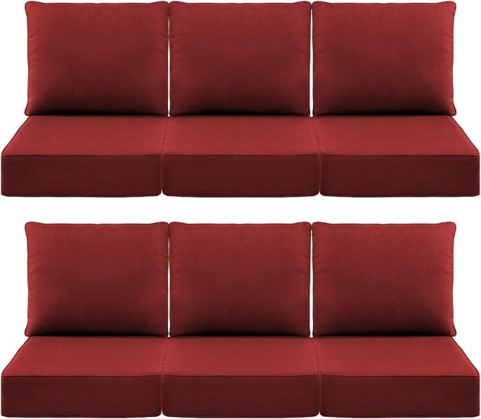 Luxury 6" Outdoor Cushions for Patio Furniture, 24x24x6" Thick Seat Cushion Set of 6, Fade Resistant Couch Chair Replacement Cushions High Density Deep Wicker Chair Cushion w/ Removable Cover, Red