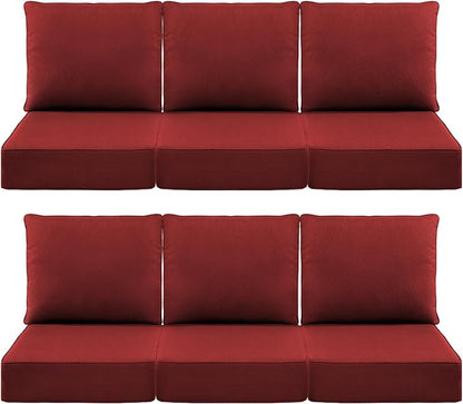 Luxury 6" Outdoor Cushions for Patio Furniture, 24x24x6" Thick Seat Cushion Set of 6, Fade Resistant Couch Chair Replacement Cushions High Density Deep Wicker Chair Cushion w/ Removable Cover, Red