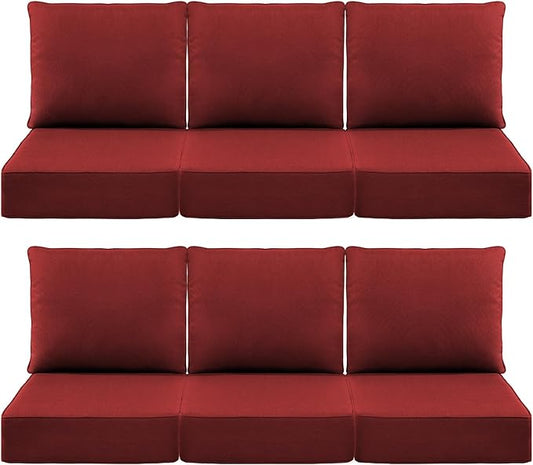 Luxury 6" Outdoor Cushions for Patio Furniture, 24x24x6" Thick Seat Cushion Set of 6, Fade Resistant Couch Chair Replacement Cushions High Density Deep Wicker Chair Cushion w/ Removable Cover, Red