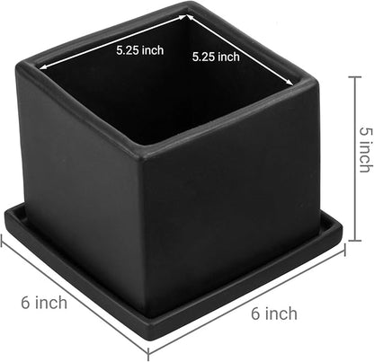 MyGift Modern Black Ceramic Small Plant Pot, Decorative Square Flower Succulent Planter, Set of 2