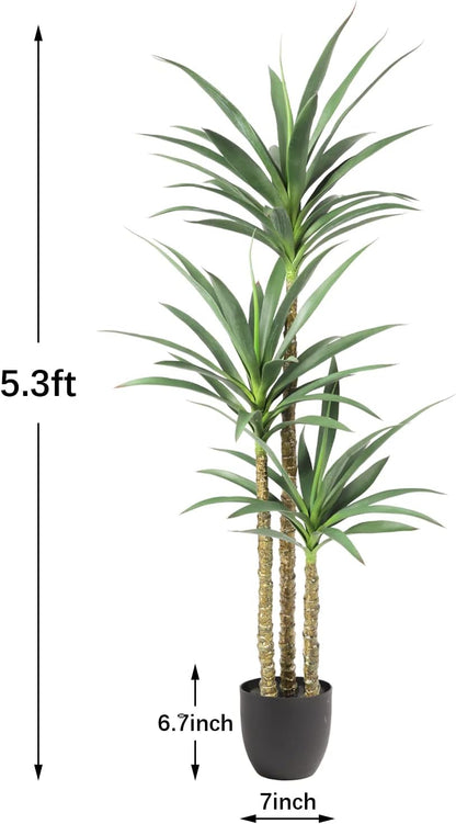 Artificial Tree 5.3Ft Faux Agave Plant with 3 Heads in Plastic Pot Fake Tree for Home Decor Indoor or Outdoor Office Decoration Housewarming Gift