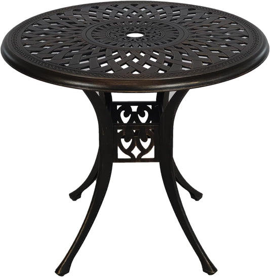 30.3" Patio Bistro Table Cast Aluminum Patio Table,Metal Patio Dining Table with Umbrella Hole,All Weather Outdoor Bistro Dining Table for Backyard, Garden, Balcony, Bronze