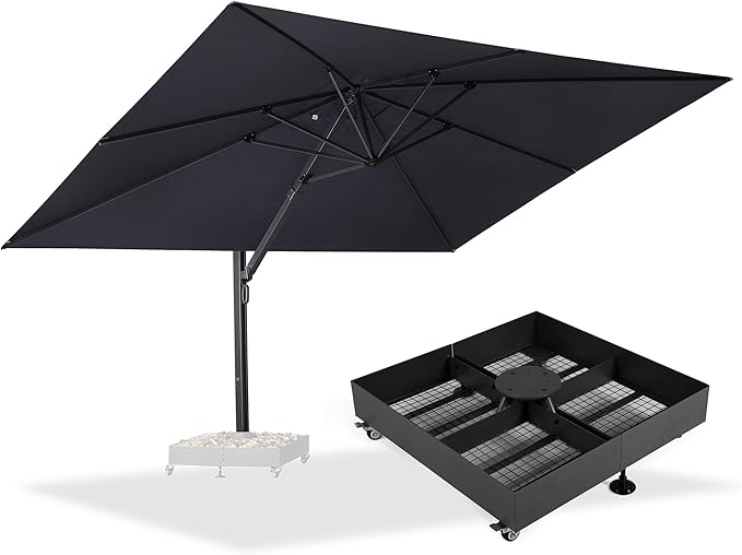 PURPLE LEAF 11' X 15' Rectangle Patio Umbrella Large Outdoor Aluminum Offset Umbrella with 360° Rotation Cantilever Umbrella with Base Included for Garden Deck Backyard Pool Grey