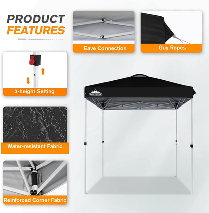 EAGLE PEAK Pop Up Canopy Tent with Wheeled Carry Bag, 8 Stakes, 4 Ropes, Easy Set Up Tent Canopy, 6.6x6.6 ft, Black