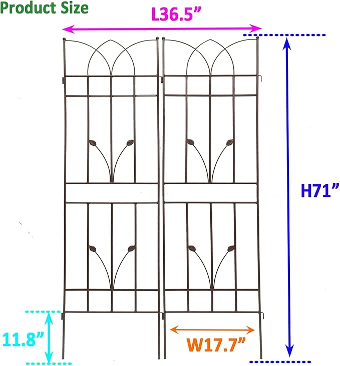 2 Pack Metal Garden Trellis 71" Fence Rustproof Garden Trellis for Climbing Plants Support Roses Flower Outdoor Lawn, Brown 6FT