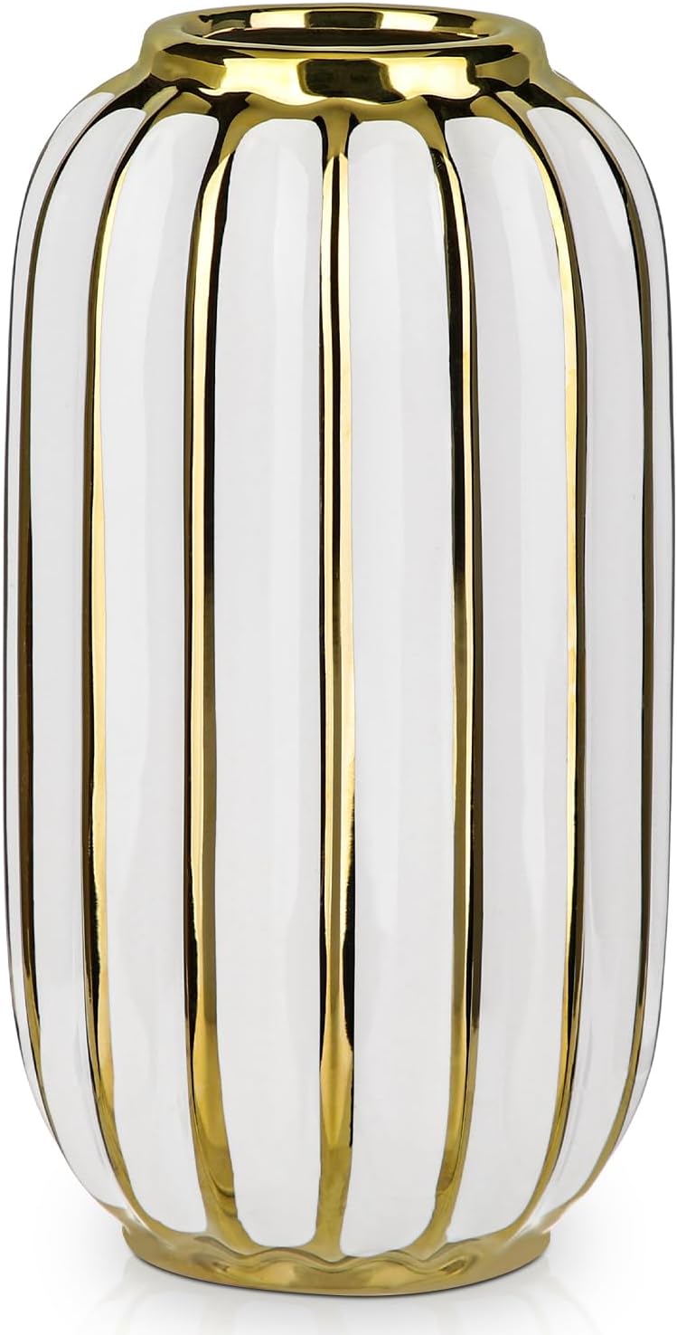 Briful Gold Plated Lantern Ceramic Vase Home Decor Creative Design Porcelain Decorative Flower Vase 8.66'' White Ceramic Vases for Wedding Anniversary Decoration