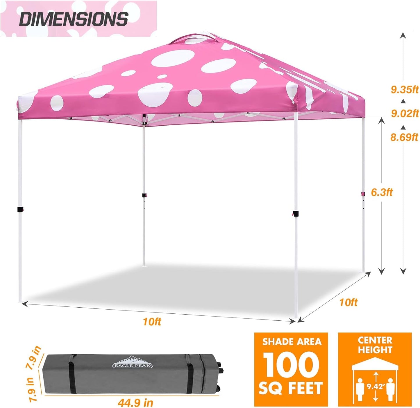 EAGLE PEAK Pop Up Canopy Tent with Wheeled Carry Bag, 8 Stakes, 4 Ropes, 4 Weight Bags, Easy Set Up Tent Canopy, 10x10 ft, 100sqft of Shade, Pink Mushroom