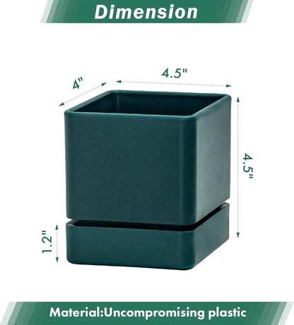 4 Inch Herb Planter Pot, Plastic Planter with Drainage Holes and Saucer, Modern Decorative Gardening Pot for Indoor Plants, Flowers, Herbs, Succulents, Green, Set of 4, 76-Y-C-4