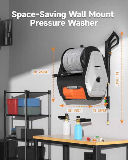 Giraffe Tools Wall Mount Pressure Washer PRO with Max 3700PSI 1.6 GPM, Upgraded 1800W Brushless Motor, Electric Power Washer with 100ft Pressure Hose, 4-Nozzles, Foam Cannon, Automatic Rewind