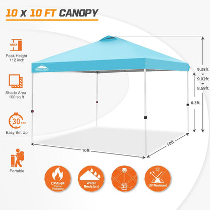 EAGLE PEAK Pop Up Canopy Tent with Wheeled Carry Bag, 8 Stakes, 4 Ropes, 4 Weight Bags, Easy Set Up Tent Canopy, 10x10 ft, 100sqft of Shade, Light Blue