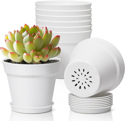 T4U 4 Inch Plant Pots 8-Pack, Small Flower Pots with Drainage Hole and Saucer, Decorative Nursery Pot Bulk for African Violet, Snake Plant, Succulent, Herb and Plants Indoor (8 Pcs 4" Pots, White)
