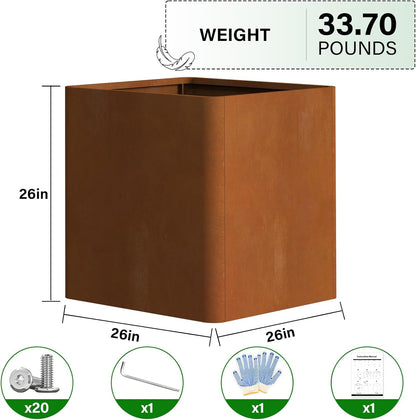 Corten Steel Planter Box 26" L x 26" W x 26" H,Large Metal Square Planter for Outdoor Plants,Metal Cube Flower Pot with Drainage Hole for Porch Hotel Patio Yard
