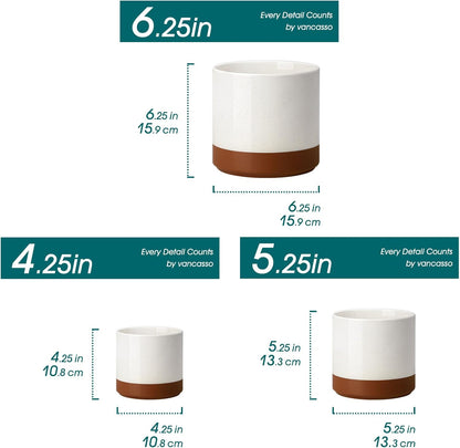 vancasso Ceramic Plant Pots, 4.25+5.25+6.25 Inch Planter Pot with Drainage Hole, Flower Pots for Indoor Outdoor Plants, Set of 3, Khaki