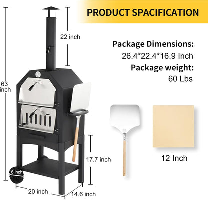 Outdoor Pizza Oven, Wood Fired Pizza Oven with Wheels for Outside, Portable Pizza Maker with Stone, Peel, Cover & Cooking Grids for Backyard, Patio, Camping, Black