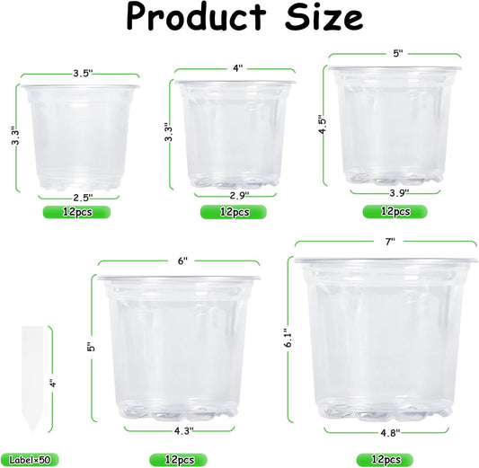 60 Pack 3.5/4/5/6/7 Inch Clear Nursery Pots with Drainage Hole,Variety Sizes Seed Starting Pots Transparent Plastic Plant Pots for Plants Transparency with 50 Plant Labels