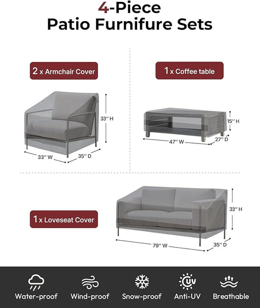 loriano Patio Furniture Cover Set, 4 Piece Outdoor Furniture Cover Waterproof, 600D Heavy Duty Lawn Patio Set Covers (Large, Grey)