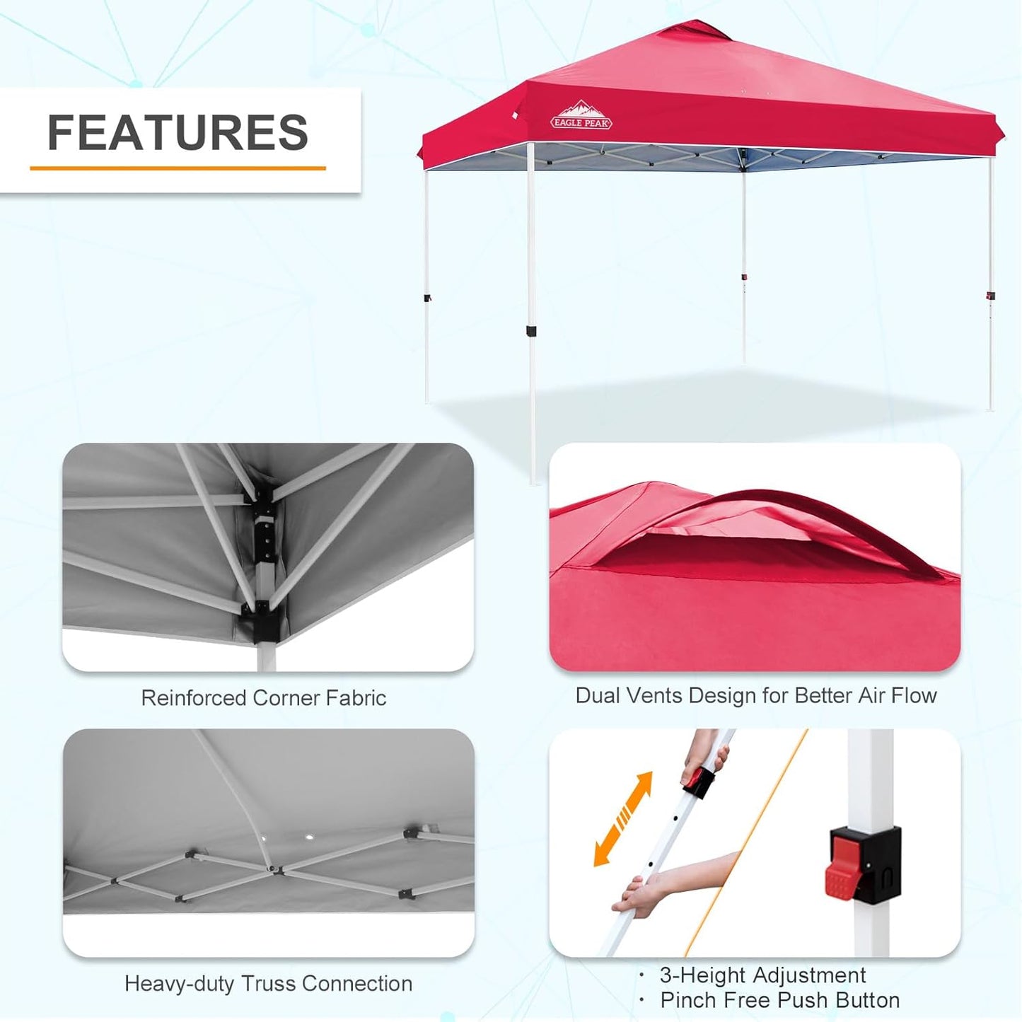 EAGLE PEAK Pop Up Canopy Tent with Wheeled Carry Bag, 8 Stakes, 4 Ropes, 4 Weight Bags, Easy Set Up Tent Canopy, 12x12 ft, 144sqft of Shade, Red
