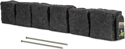 Beuta Landscape Edging | Garden Edging Border | Faux Stone Blocks for Lawn Edging, Flower Beds & Yard Edging – 1 Pack | Each Section Has 6 Blocks 48" L x 4" W x 6.5" H | 2 Spikes | Charcoal