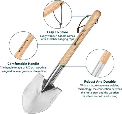 Berry&Bird Short Hand Shovel, 19.8’’ Digging Trowel for Gardening with Wood Handle Stainless Steel Round Point Spade Shovel with Serrated for Cutting, Transplanting & Weeding