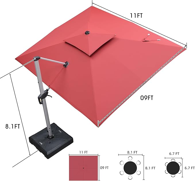PURPLE LEAF 9 X 11 FT Cantilever Patio Umbrellas with Base Included, Large Square Offset Umbrella with 360° Rotation, Outdoor Aluminum Pool Umbrella for Pool Lawn Garden, Terra