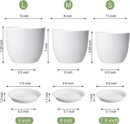 Modern Plant Pots Set, 9/8/7.5 inch Plastic Planters for Indoor Plants, Stylish Flower Pots with Drainage Holes and Saucers for House Plants and Flowers, White